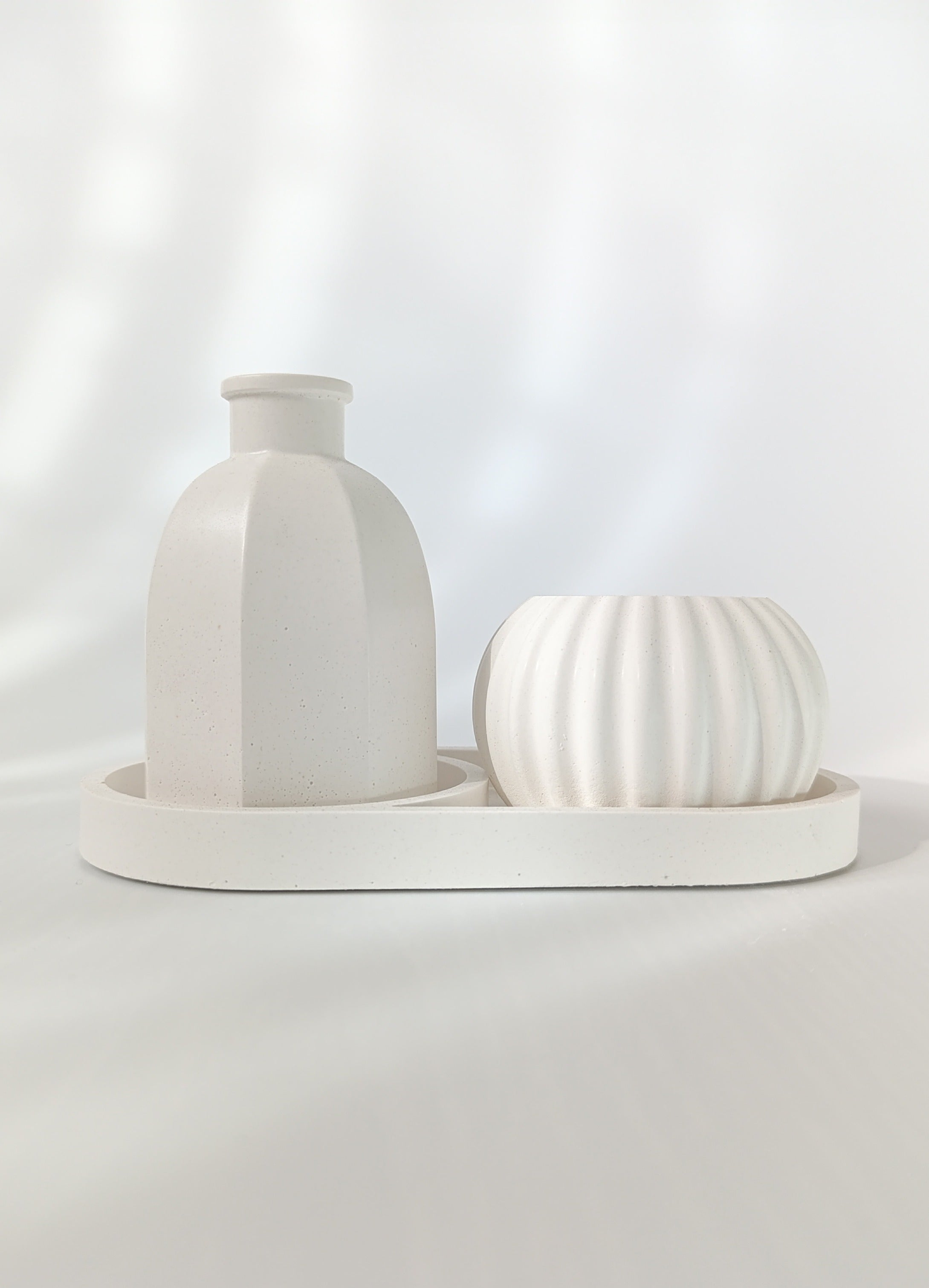 Minimal Taş Tozu Vazo Mumluk Tepsi Seti – Tealight Uyumlu Dekoratif 3’lü Set DKR0021